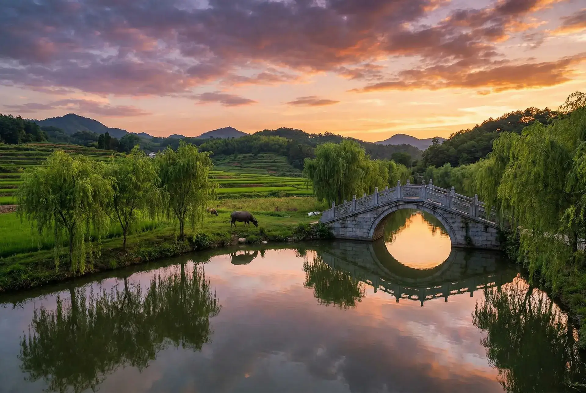 夕阳下的石拱桥与垂柳，水牛在河边吃草 - 极限挑战第八季免费观看 乡村美景